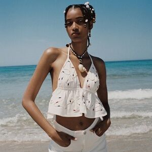 Zara White‎ Halter Top with Embroidered fun edgy party festival beach Design S